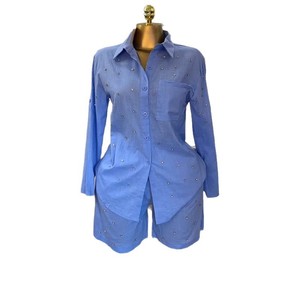Solid Color Lapel <b>Beaded</b> Slim Long Sleeve Shirt Shorts Women's 2 Piece <b>Set</b> Fashion - Product Image 1