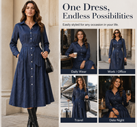 Robe longue décontractée pour femme à col rabattu et manches longues, coupe régulière, grandes tailles, écologique et respirante, automne/hiver 2026