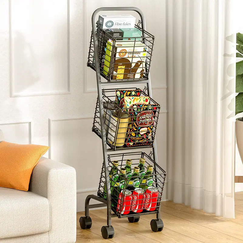 3 Tier Market Basket Storage Stand Cozinha Metal Wire Frutas e Vegetable Storage Basket Food Storage Chart com 4 Rodas