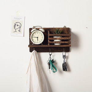 Wooden Wall <b>Shelf</b> With <b>Hooks</b> And Storage Compartment For Keys Clothes Bedroom Living Room Organization - Product Image 1