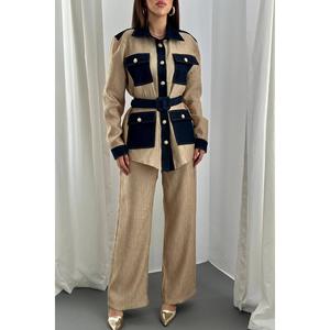 Ensemble chemise et pantalon en velours côtelé jaune pour femme Elisa Fashion, style décontracté avec détails de poches - Product Image 2