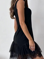 Robe mini noire sans manches à ourlet en dentelle, col rond, coupe décontractée, tenue de soirée décontractée, vente en gros, personnalisable