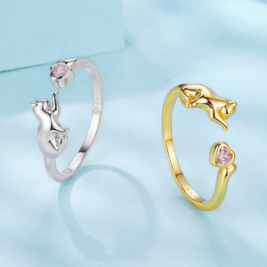 925 sterling Silver Pet mèo nhẫn với trái tim màu hồng Zircon, 18K vàng có thể điều chỉnh dễ thương động vật Vòng người bạn con gái Jewel Quà Tặng scr1027 - Product Image 4