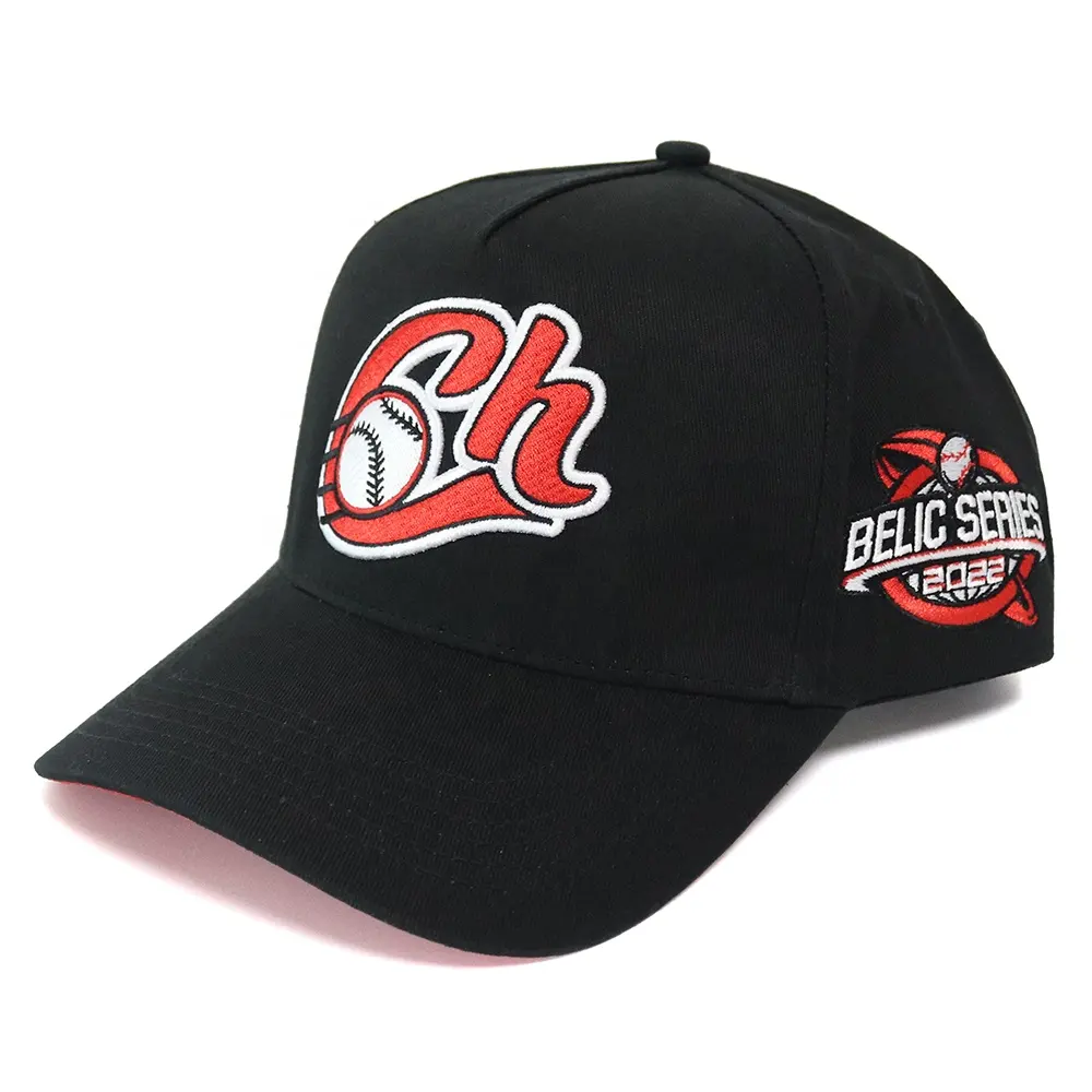 Benutzer definierte hochwertige Frühling Sommer Baseball Baumwolle Wildleder Custom Cap Outdoor Baumwolle 5 Panel zweifarbig schwarz rot Hut