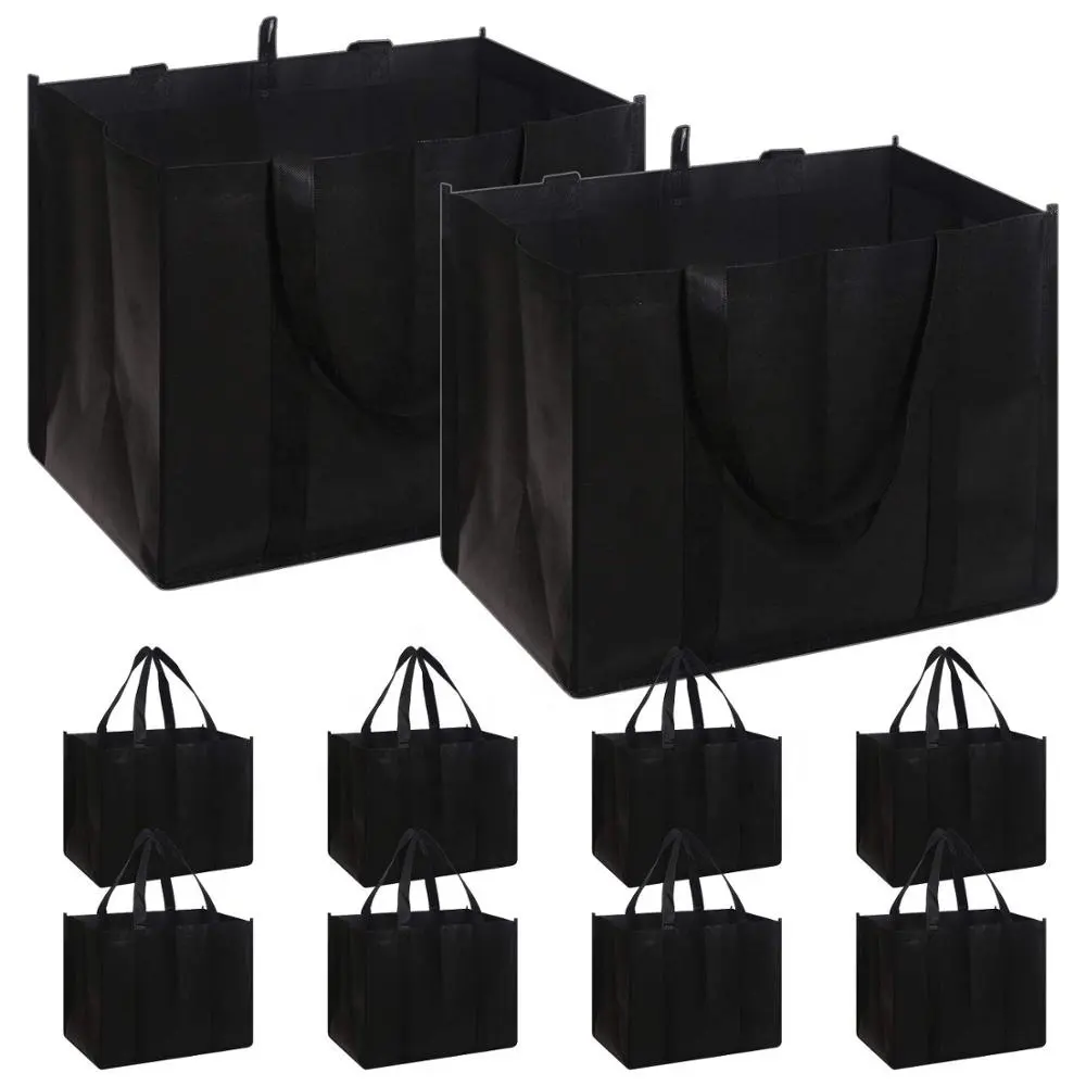 Custom logo Set of 10 Reusable Grocery Bags Black Non-Woven bag Large Shopping Tote Bags with Reinforced Handles