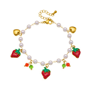 Fruit Series Pearl Chain Gold Plated Strawberry Cherry Watermelon Pendant Bracelet Women's Jewelry Gift - Product Image 5