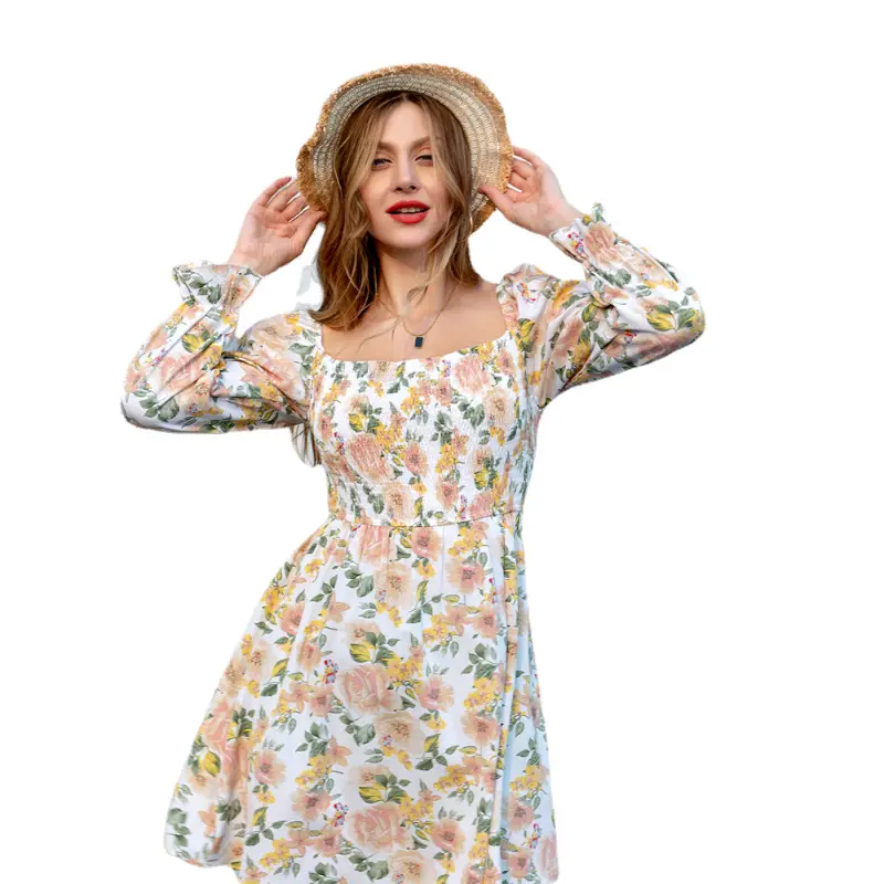 2022 European Top Sale Styles Women Mini Dress Casual Women New Clothing Square Collar Floral Printing Dress
