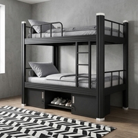 Lit superposé double en métal robuste et contemporain, gain de place, avec escalier de rangement, idéal pour dortoir