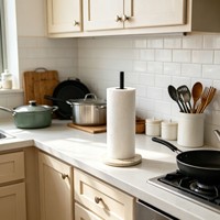 Support vertical pour essuie-tout en métal noir mat avec base en polyrésine imitation travertin, pour comptoir de cuisine, distributeur de papier essuie-tout, porte-mouchoirs