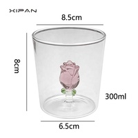 Gobelet en verre rond esthétique à simple paroi, transparent, avec fond tridimensionnel et motif rose, pour jus, eau, lait, thé et autres boissons