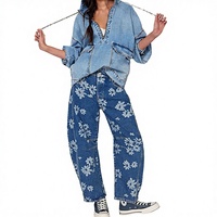 Celana Jeans Wanita Model Wide Leg Warna Biru Muda Coklat Bahan Katun Denim Bermotif Bunga Celana Jeans Boyfriend Vintage Celana Denim Wanita