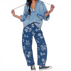 Vaqueros anchos de mezclilla para mujer, color azul claro y marrón, de algodón lavado, con estampado floral, estilo boyfriend, vintage - Product Image 2
