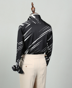 À la mode été formel à manches longues hommes <span class=keywords><strong>chemise</strong></span> noir et blanc imprimé contrasté col carré respirant <span class=keywords><strong>sans</strong></span> <span class=keywords><strong>repassage</strong></span> - Product Image 4