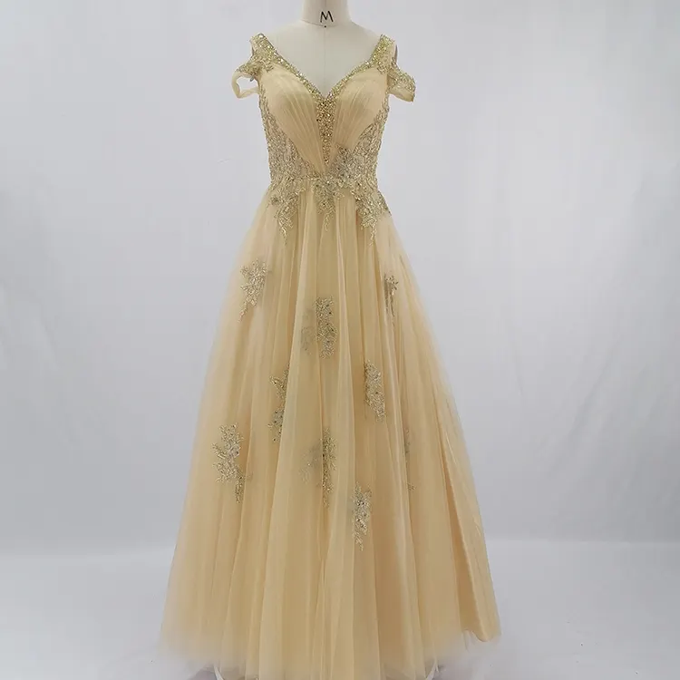 Robe de bal longue en Tulle et dentelle perlée, tenue de soirée formelle, sans manches, couleur Champagne, à la mode, haute qualité