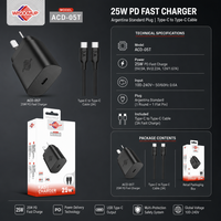 Kabel Charger Cepat Universal Berkualitas Tinggi Custom PD 25W 3A Tipe-C Anti Api Colokan Argentina 100-240V 0.6A Input Kotak Warna