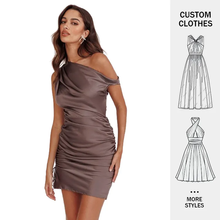 Custom Satin Silk Vacation Casual Fashion Elegant Sexy One Shoulder Pleated Lace Up Dinner Party Women's Mini Dresses