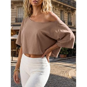 Fisoew Womens Off The Shoulder Cropped <b>Top</b> Batwing Sleeve Asymmetrical Neck Yoga <b>Top</b> Summer Casual Breathable Spandex Polyester - Product Image 3