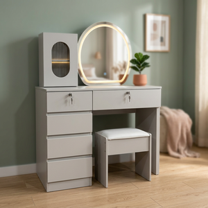 Modern <b>Makeup</b> Vanity Table with Lighted <b>Mirror</b> Storage Desk for Bedroom Furniture - Product Image 2