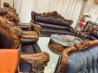 Sofá Chesterfield Tradicional Europeo de Lujo, de Madera Maciza, Hecho a Mano, con Respaldo Tapizado en Cuero PU Negro Ovalado, de Tres Plazas, para Sala de Estar