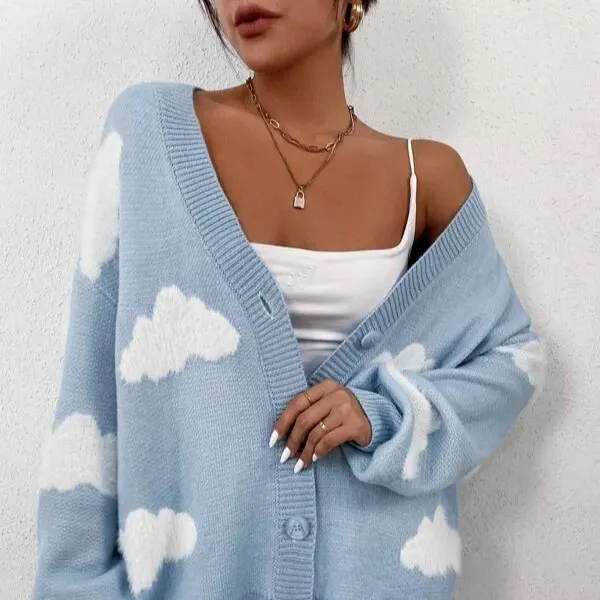 custom 100% Acrylic long sleeve knit cloud pattern jacquard drop shoulder v neck blue women cardigan sweater