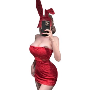 Vestido Mini Ajustado de Encaje sin Tirantes Lemon Story, Disfraz de Conejita, Lencería Sexy para Mujer, Rojo, Ajuste Elástico Alto - Product Image 5
