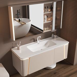 New Beige Bathroom <b>Vanity</b> with Bear-Shaped LED Smart <b>Mirror</b> Integrated Ceramic Sink - Product Image 3