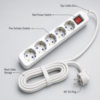 Rallonge électrique industrielle standard européenne à 5 prises, prise EU, 2 mètres, durable, IP20, 16A/10A, 250V/220V/110V