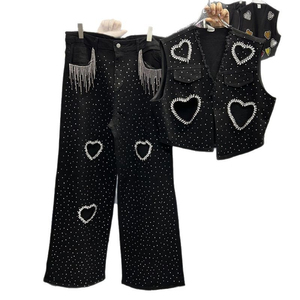 حجر الراين قطع القلب + الجينز الدنيم الثقيلة تناسب نحيف السراويل طقم من قطعتين النساء نمط الشارع عارضة - Product Image 5