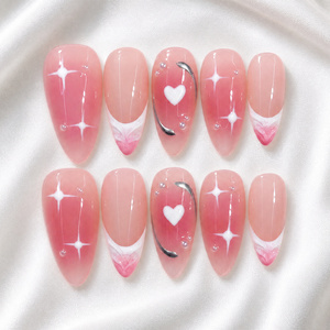 Lot de 10 faux ongles en amande, faits main, blancs, avec paillettes mates, motifs étoiles, cœurs et arcs argentés, à coller, réalistes - Product Image 1