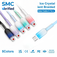 Câble de charge rapide USB-C vers Lightning, tressé, dégradé effet cristal de glace, avec contrôle de température multi-sécurité pour appareils iPhone, vente en gros usine