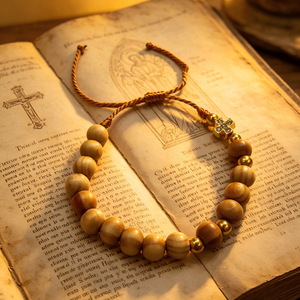 Natural Pine Beaded <b>Rope</b> Bracelet Cross Design Adjustable For Women <b>Light</b> Brown Christian Gift Jewelry Yiwu Origin RB 304 - Product Image 2