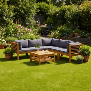 Salon de jardin en teck avec coussins gris foncé pour l'accueil en extérieur, 6 places, design contemporain - Product Image 2