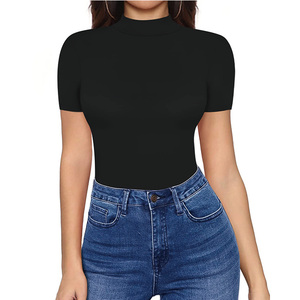 Camiseta de algodón Modal de alta calidad para <span class=keywords><strong>mujer</strong></span>, <span class=keywords><strong>camisetas</strong></span> con cuello simulado, <span class=keywords><strong>camisetas</strong></span> de punto acanalado de Color puro - Product Image 1