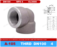 YOUJIA Direktvertrieb 90-Grad Geschmiedeter Stahlbogen ASTM A105 3000lbs Hochdruck ASME B16.11-2021 NPT Gewinderohrfitting