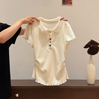 Kaos Wanita Lengan Pendek Berkerah Warna-warni Kancing Depan dan Ruffle untuk Musim Panas