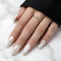 Faux ongles à presser en ABS brillant, forme amande française, avec perles en relief 3D, amovibles, pour salon, vente en gros, OEM