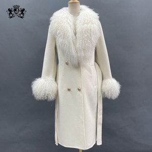 Abrigo de lana largo Janefur para mujer, abrigo de Cachemira de doble cara a la moda con cuello y puños de piel de cordero mongol - Product Image 1