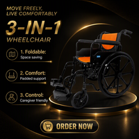 Fauteuil roulant pliable manuel à cadre en acier avec frein linéaire et coussin en maille orange pour la mobilité intérieure/extérieure