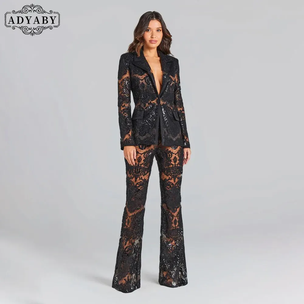 ADYABY Custom Women Fashion Sexy Hollow Tight Bag Hip Long Pants 2 Piece Set Lace Embroidery Sequins Transparent Sexy Suit Set