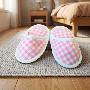 Pantofole Rosa a Quadretti per Bambine - Scarpe Casual in Morbido Cotone Stile Hotel Made in Italy - Product Image 2
