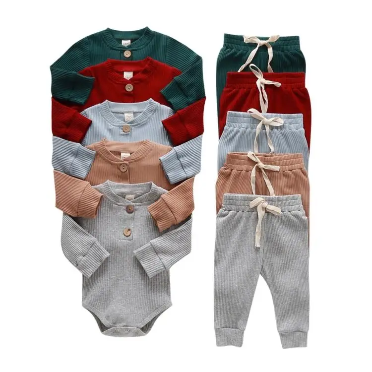 Baby Pasgeboren Baby Meisje Jongen Lente Herfst Geribbeld/Geruite Stevige Kleding Sets Lange Mouw Bodysuits + Elastische Broek 2 Stuks Outfits