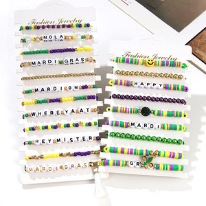 Fashion Jewelry Mardi Gras <b>Beaded</b> <b>Bracelet</b> Set Letter Charm Elastic Stackable Party Gift Jewelry - Product Image 1
