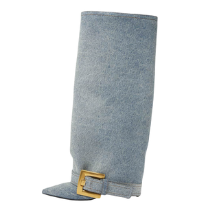 Thin High Heel Pointed Toe Overlay Denim Shoes Dress Metal Buckle Pants <b>Boots</b> Women's Folded Over Knee High Leopard Booties - Product Image 5