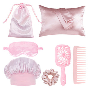 Set de cuidado capilar rosa de 7 piezas: funda de almohada de seda, antifaz, gorro, peine, coletero, hidratante para mujeres, rutina de belleza para dormir - Product Image 1