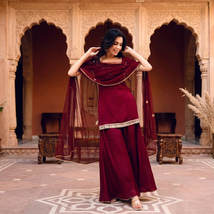 TENNECY New Designer Collection Heavy Faux Georgette Silk Real Mirror Work <b>Top</b>-Bottom Dupatta Set Fully Stitched Party - Product Image 1