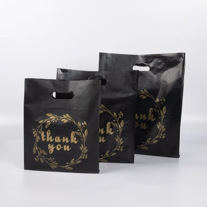 Custom Plastic Clothes Shopping Bags Black Thank You Die Cut Handle PE Shoes Garment Plastic Packaging Bag For Clothing