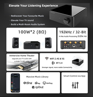 Amplificateur de puissance Wifi BT le plus récent, Airplay Multiroom 2 x 100W 8ohm, amplificateur audio avec entrée ligne optique HDMI ARC LAN USB
