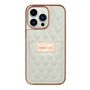ONEGIF Leather Case For 15 14 13 12 Pro Max Card Wallet Holder Diamond Embroidery Electroplated 2in1 Protective Phone Back Case