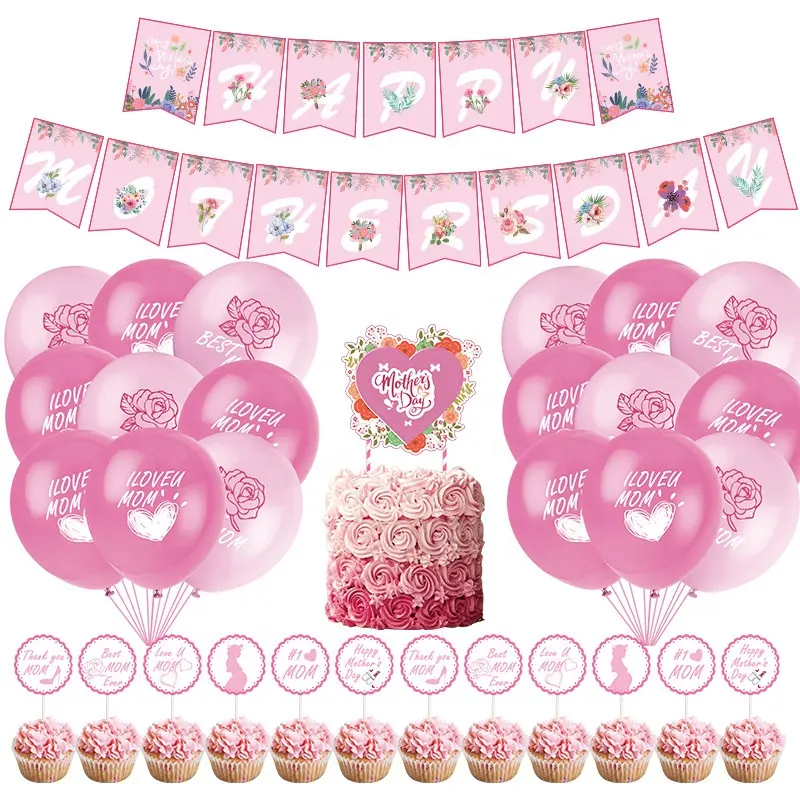 Gelukkige Moeders Dag Achtergrond Decoratie Ballons Kit Papier Banner Feestartikelen Decoraties Roze Ballonnen Set