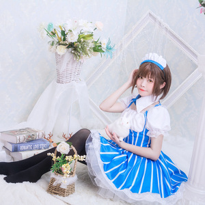 Maid Outfit Blue White Striped Dress Cosplay Costume For Anime Game Role Playing Women Adult Size One Size - Product Image 3